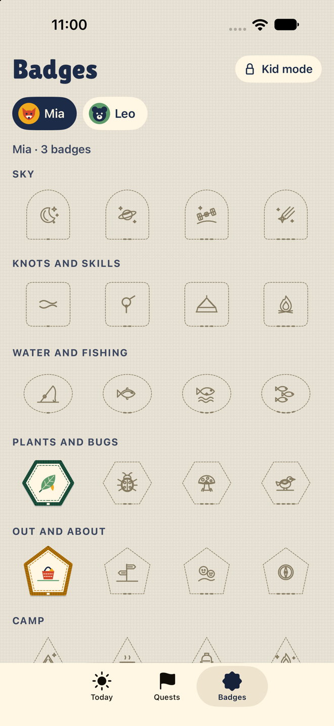 The badge book: earned badges in colour, the rest stitched in outline