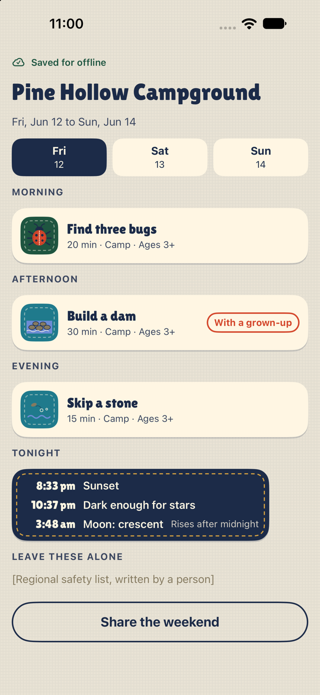 A camp day: the day's quests and the night's sky, built before leaving and working with no signal